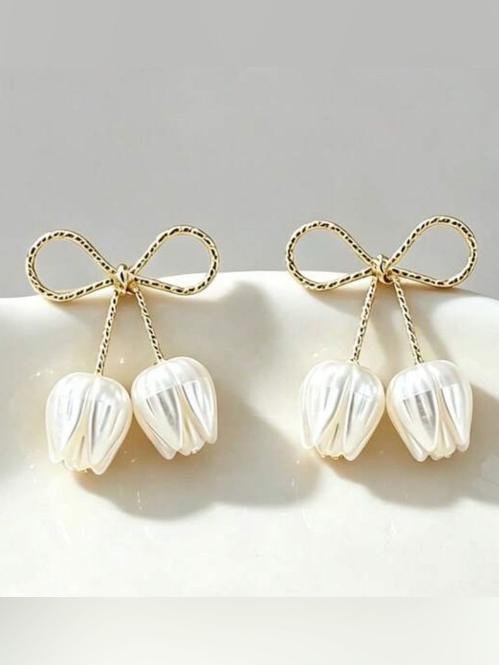Gold and White Bow Drop Earrings